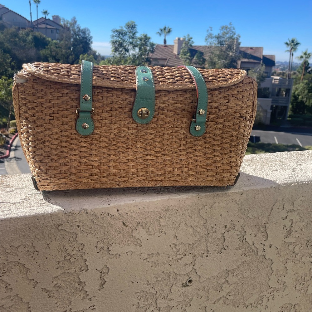 Kate Spade Woven Straw Handbag with Teal Accents - Picture 6 of 9